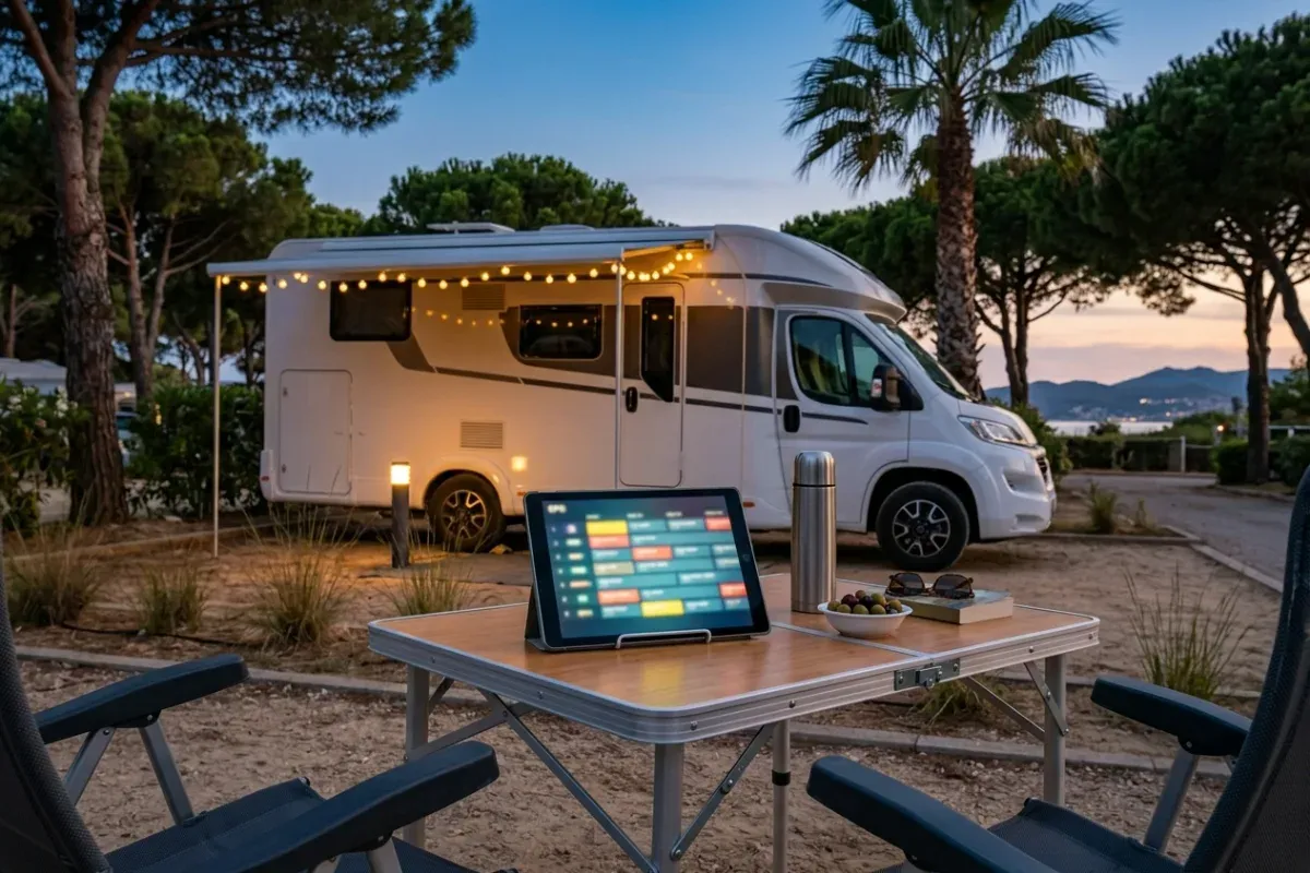 Wohnmobil am Stellplatz im Süden, Tablet mit deutschem Fernsehprogramm auf dem Campingtisch