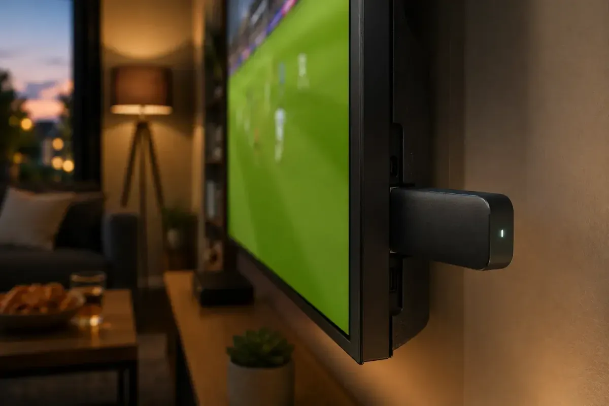 Living room on Bundesliga matchday: a football broadcast on the television with a streaming stick in the HDMI port