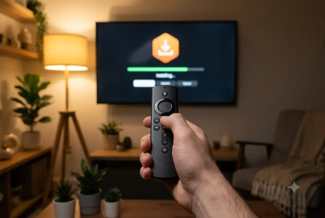Setting up IPTV on the Fire TV Stick: remote pointed at a TV showing the installation screen