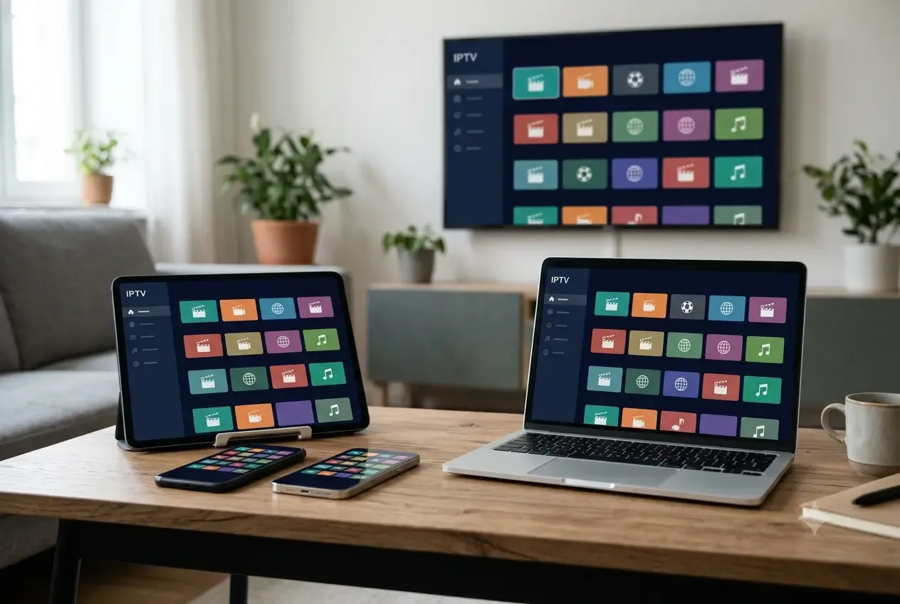 IPTV Germany on multiple devices: TV, laptop, tablet, and smartphone streaming the same channel list