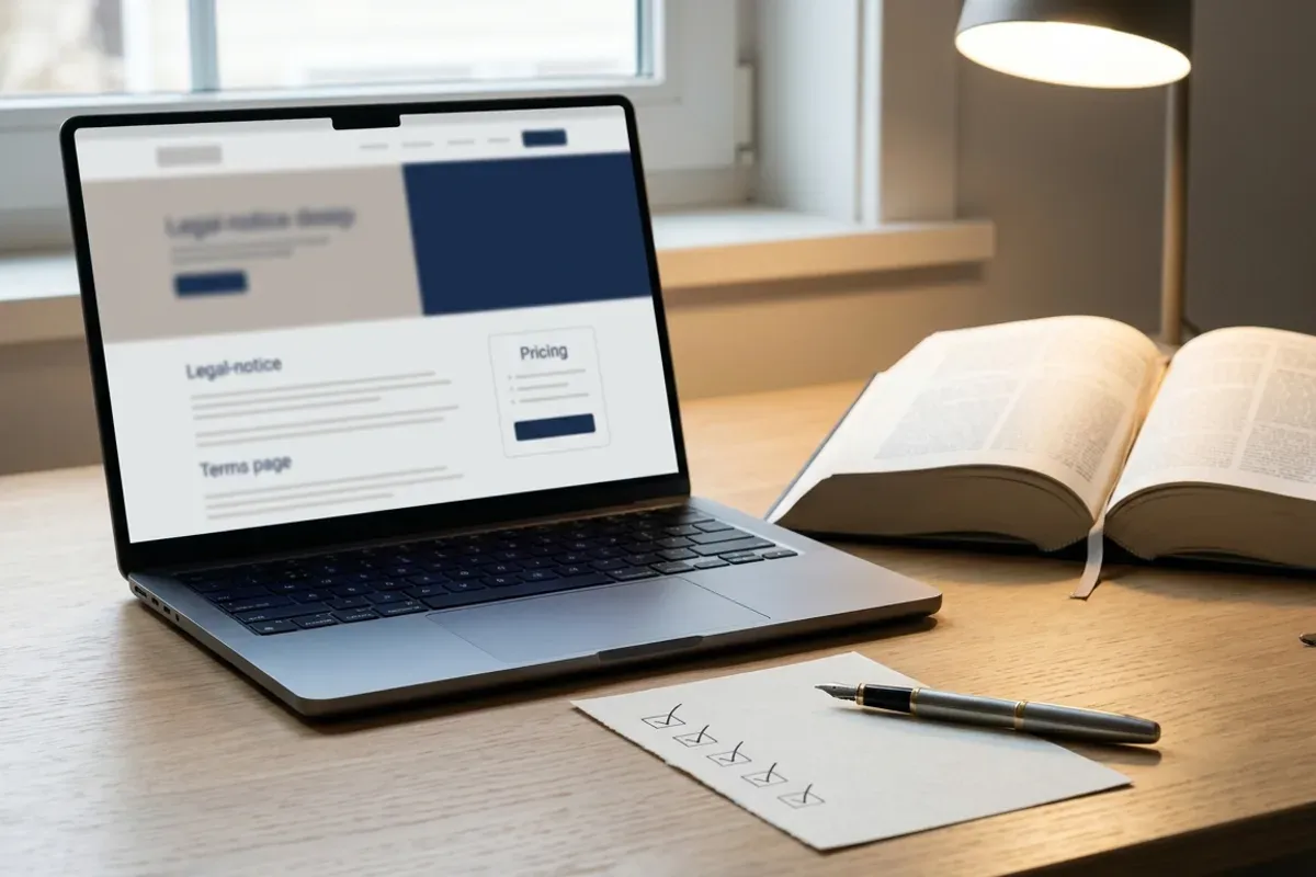 Checklist for vetting an IPTV provider: legal notice, terms of service, and pricing on a screen beside a law text