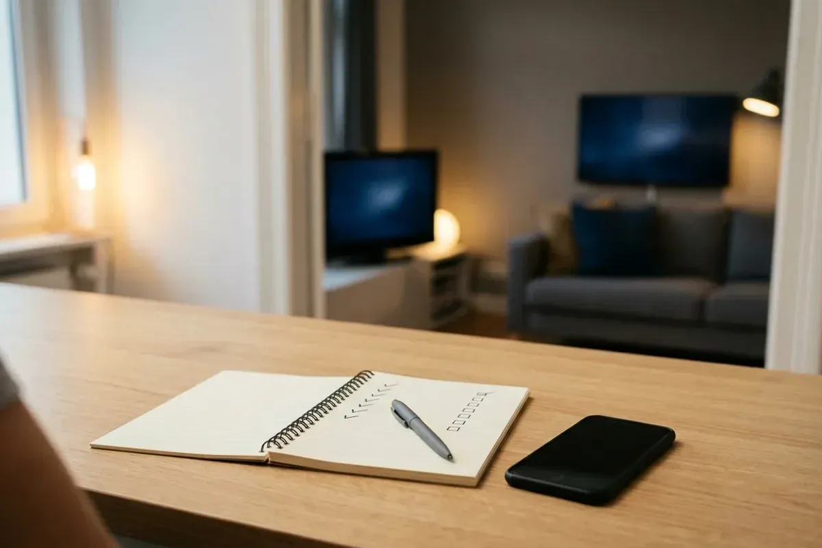 IPTV buying checklist: a notepad with ticked check items next to a television and a smartphone in a living room
