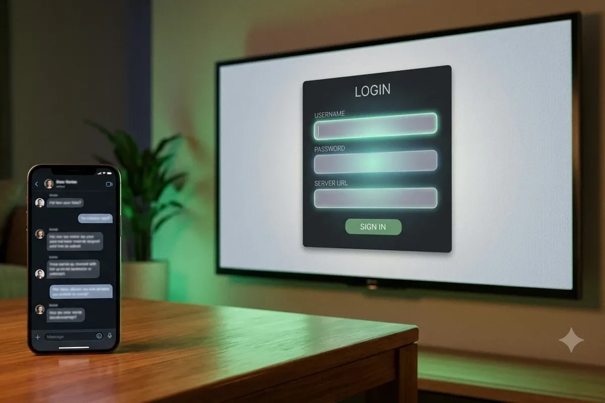 IPTV Smarters Pro setup: Xtream Codes login on the TV with a smartphone showing login details next to it