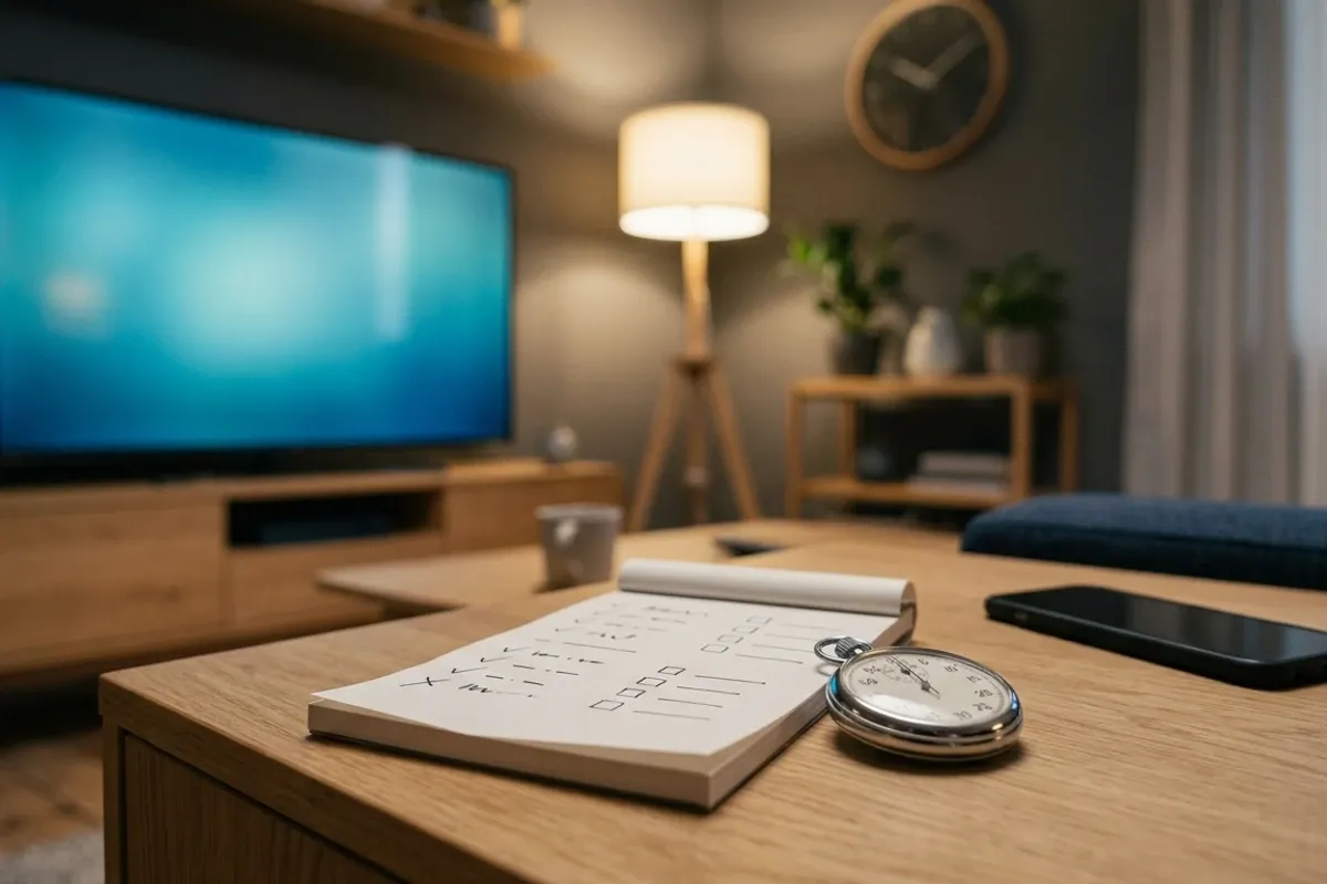Notizzettel mit Testplan neben Fernseher und Stoppuhr während der dreitägigen IPTV-Testphase